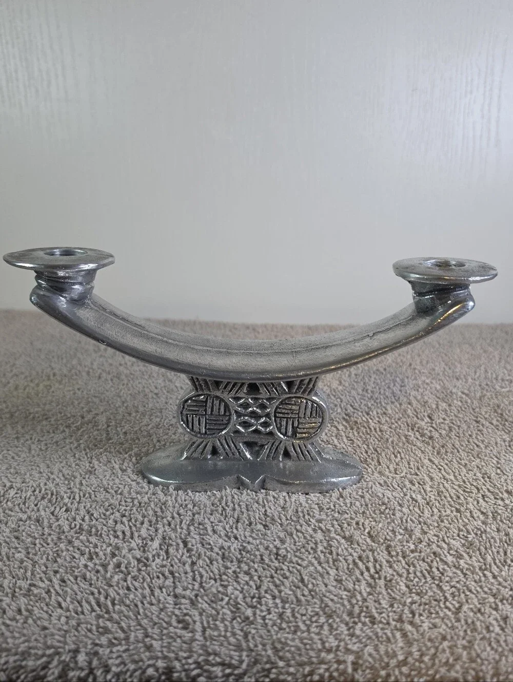 Vintage Metal Csndlestick Designed In The Style Of A Traditional Shona Headrest